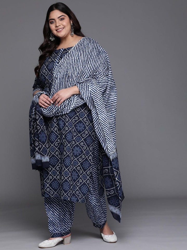 Plus Size Navy Blue Printed Cotton Suit Set