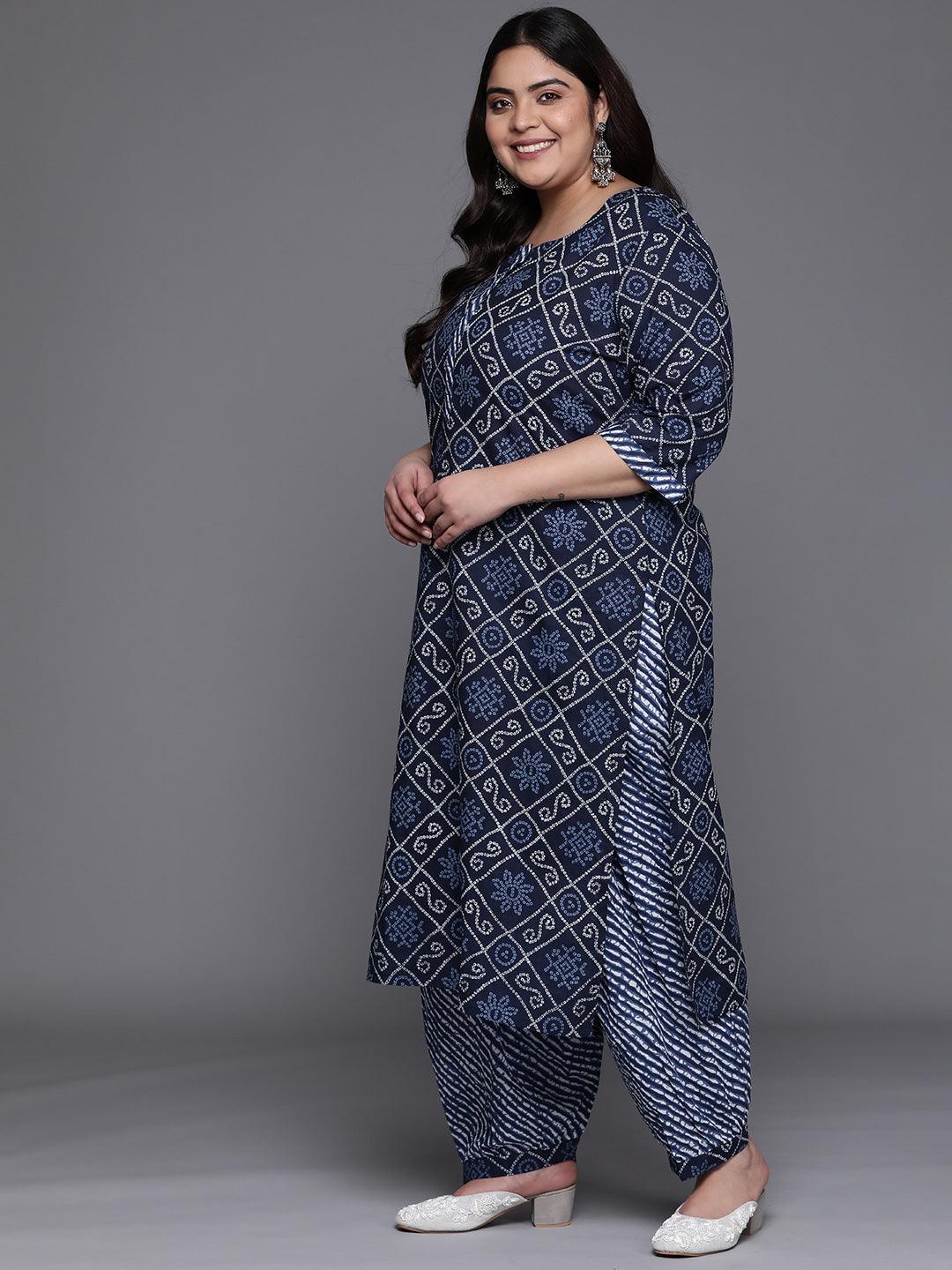 Plus Size Navy Blue Printed Cotton Suit Set - ShopLibas
