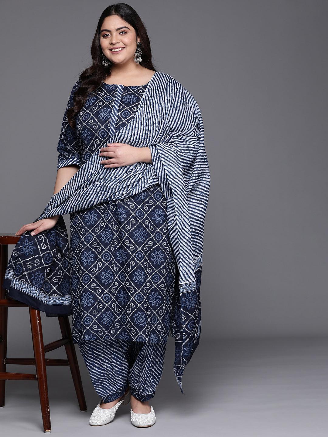 Plus Size Navy Blue Printed Cotton Suit Set - ShopLibas