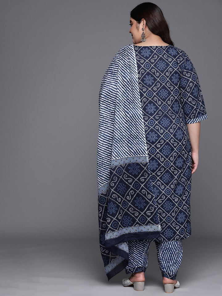 Plus Size Navy Blue Printed Cotton Suit Set