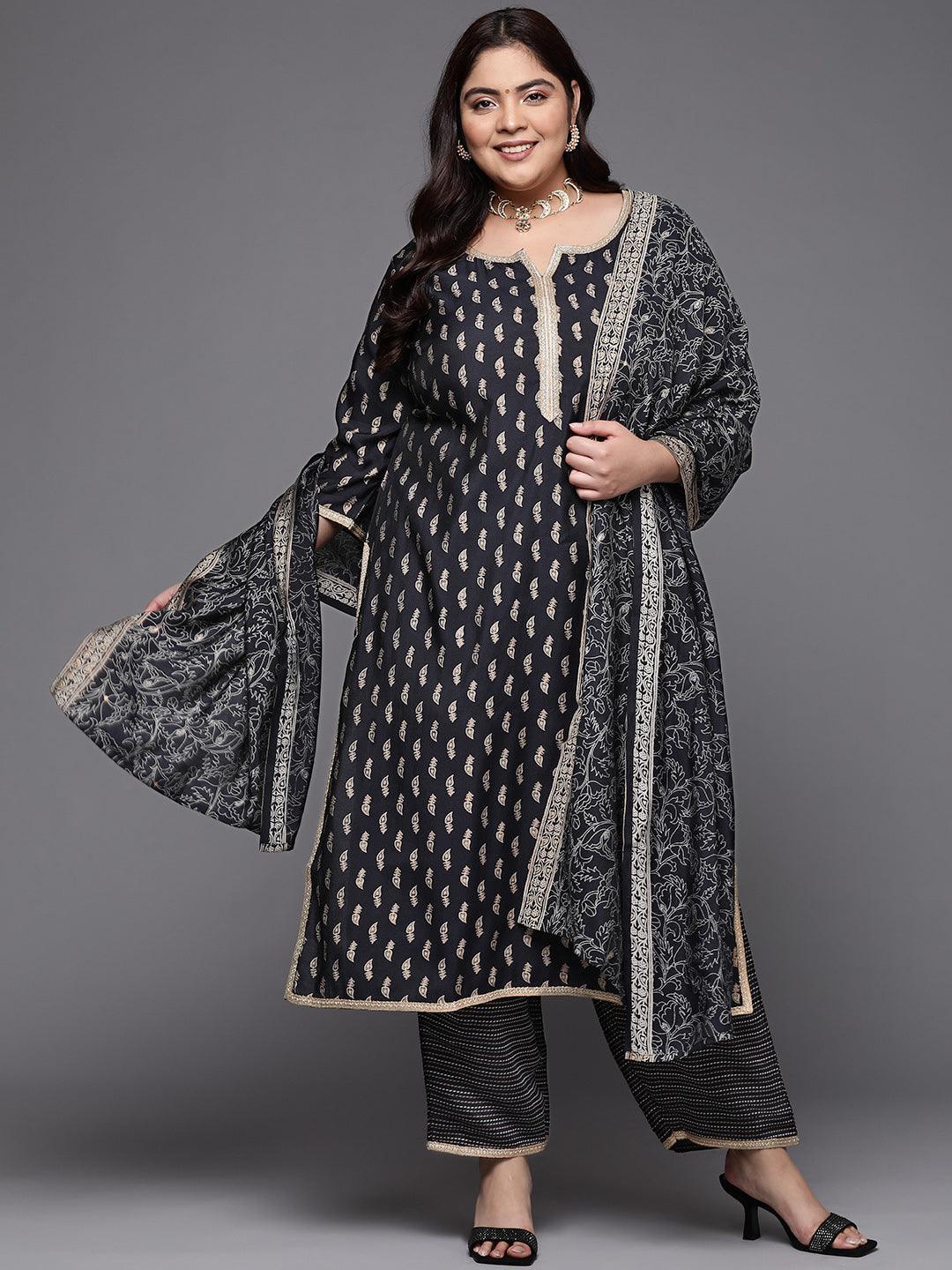 Plus Size Navy Blue Printed Silk Blend Straight Suit Set - ShopLibas