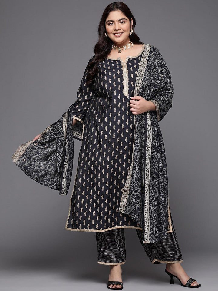 Plus Size Navy Blue Printed Silk Blend Straight Suit Set