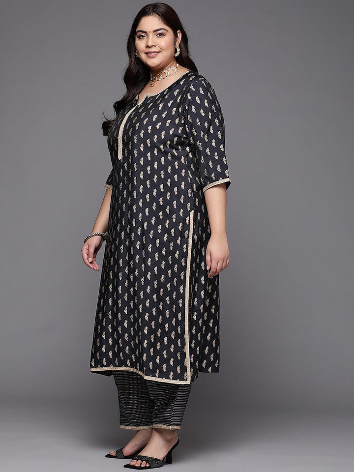Plus Size Navy Blue Printed Silk Blend Straight Suit Set