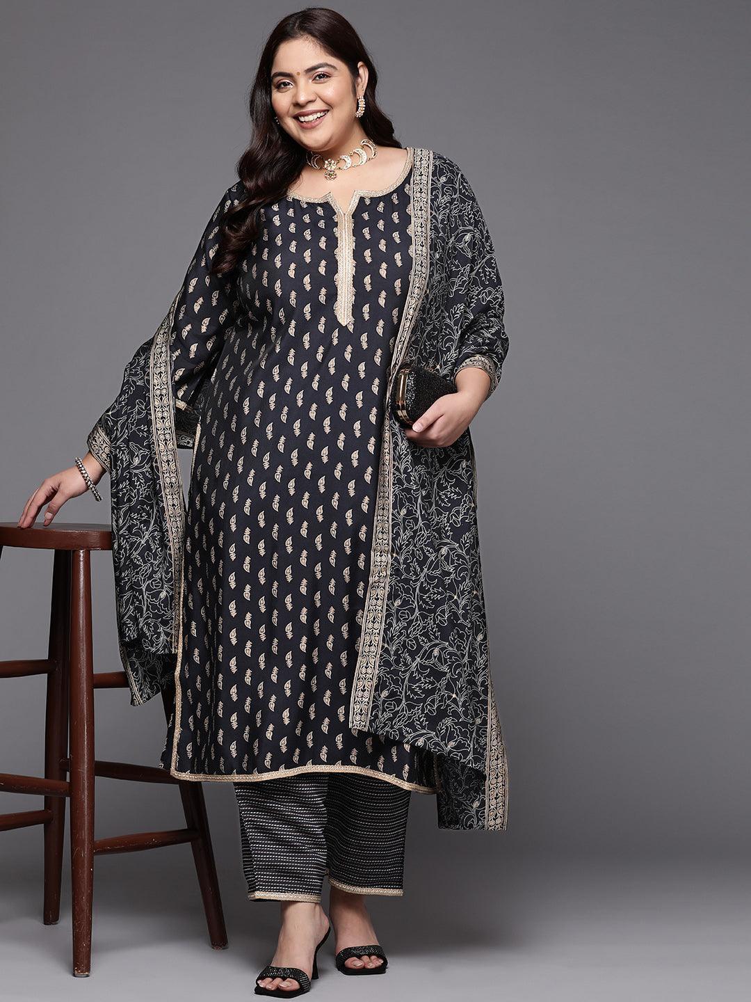 Plus Size Navy Blue Printed Silk Blend Straight Suit Set - ShopLibas