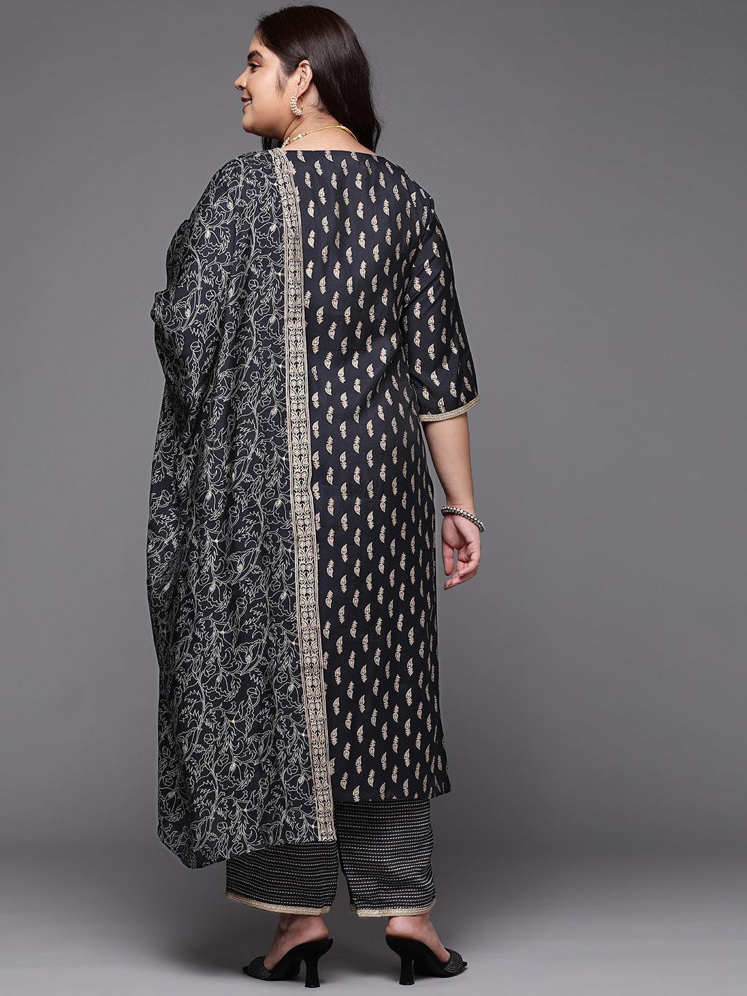 Plus Size Navy Blue Printed Silk Blend Straight Suit Set - ShopLibas