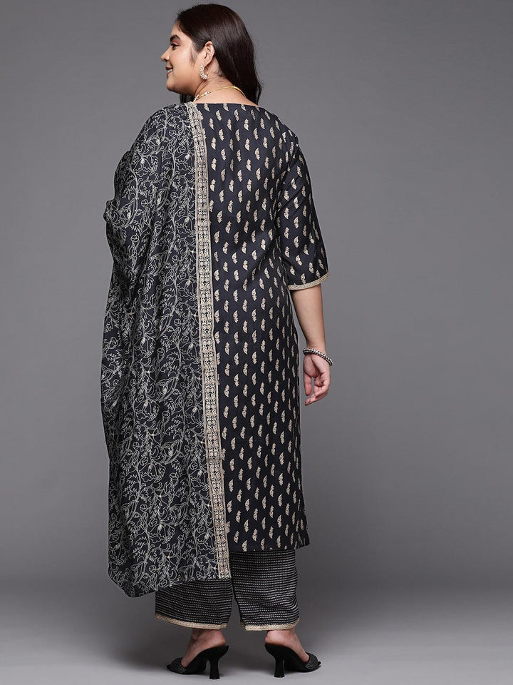 Plus Size Navy Blue Printed Silk Blend Straight Suit Set