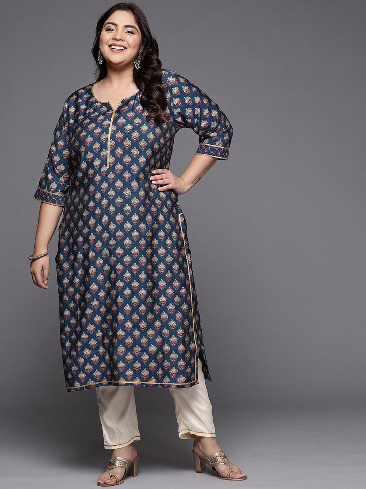 Plus Size Navy Blue Printed Silk Straight Kurta