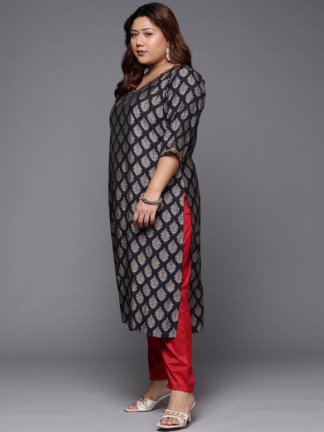 Plus Size Navy Blue Printed Silk Straight Kurta - ShopLibas