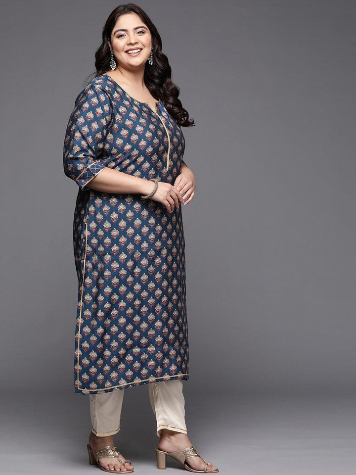 Plus Size Navy Blue Printed Silk Straight Kurta