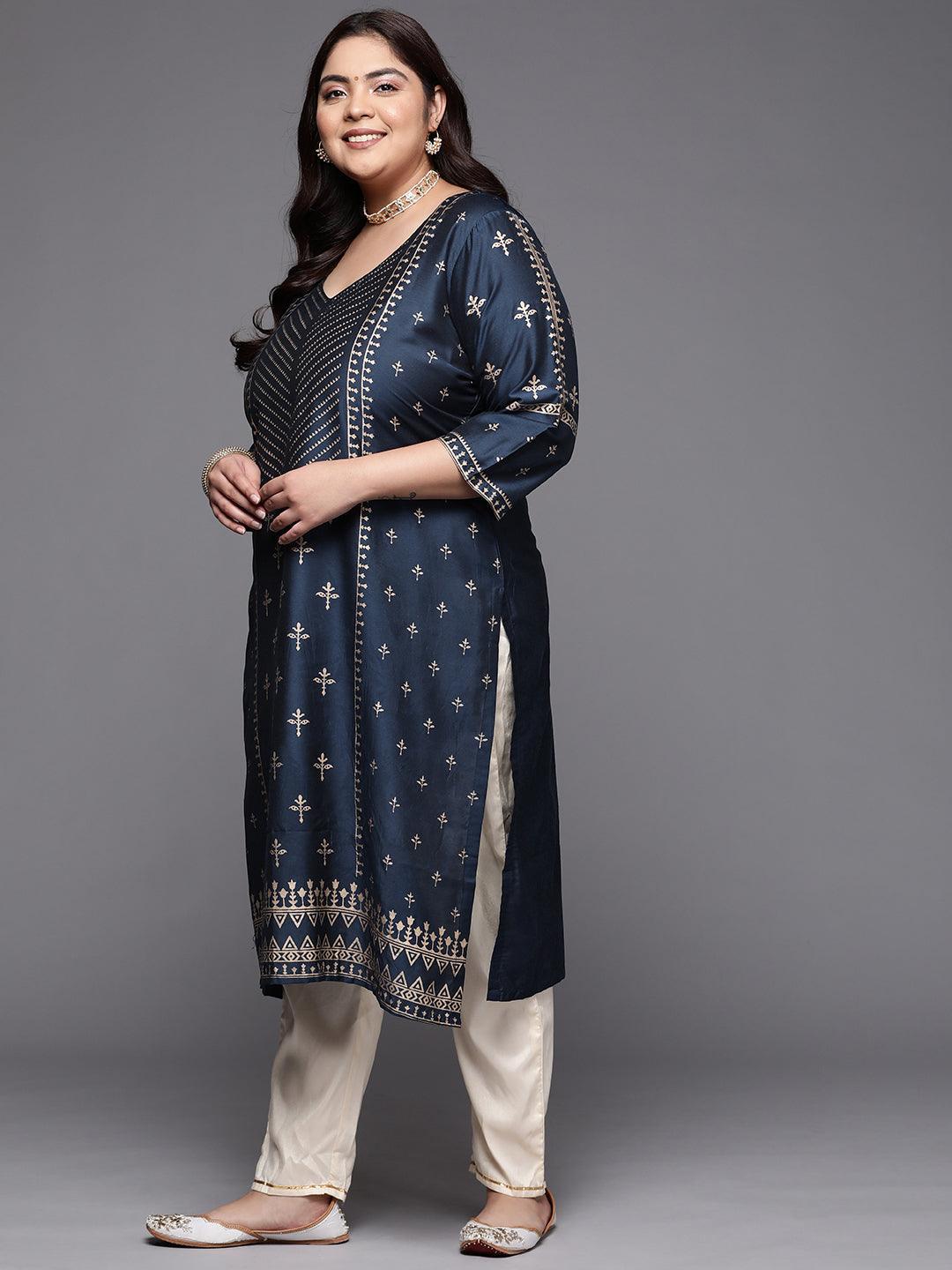 Plus Size Navy Blue Printed Silk Straight Kurta - ShopLibas
