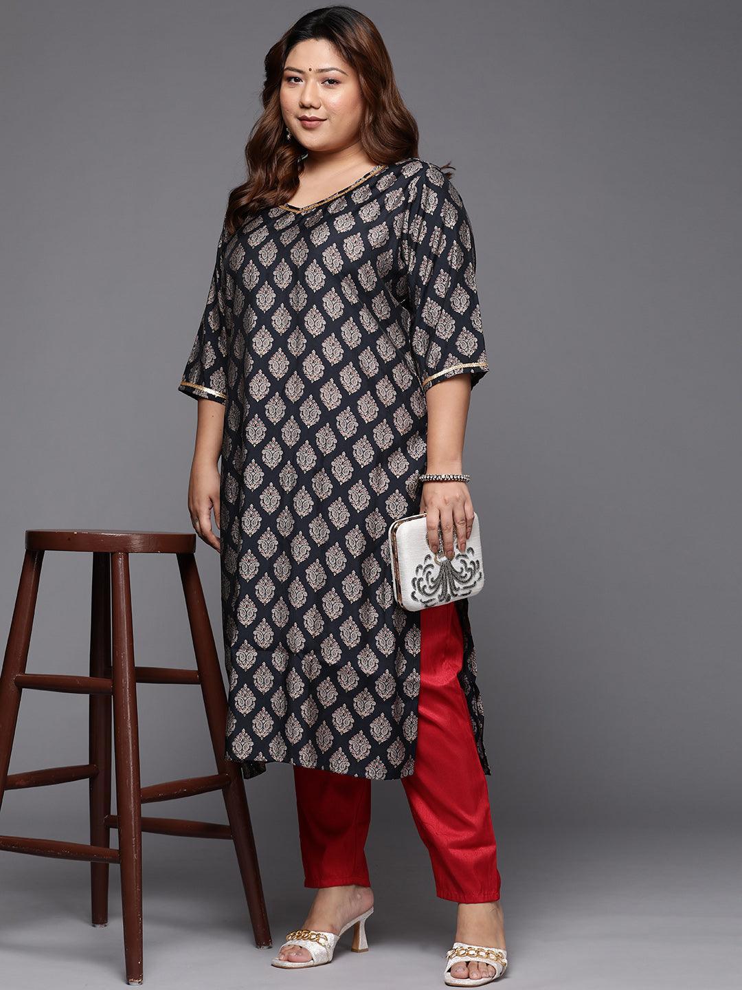 Plus Size Navy Blue Printed Silk Straight Kurta - ShopLibas