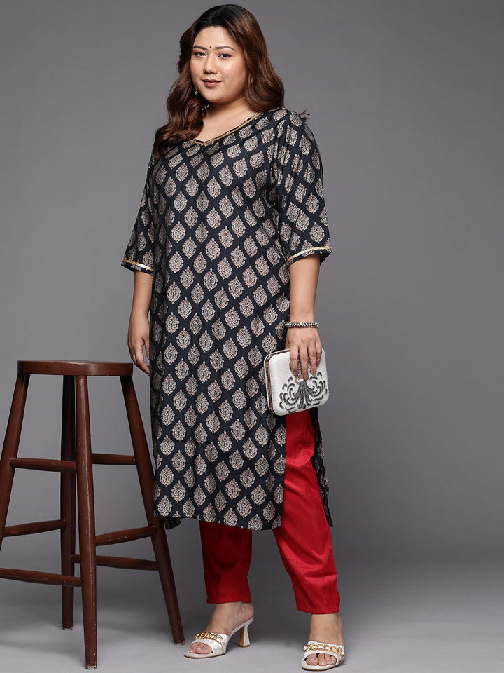 Plus Size Navy Blue Printed Silk Straight Kurta