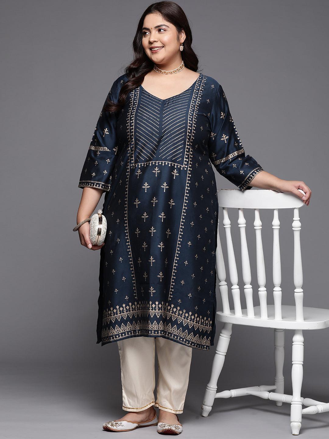 Plus Size Navy Blue Printed Silk Straight Kurta - ShopLibas
