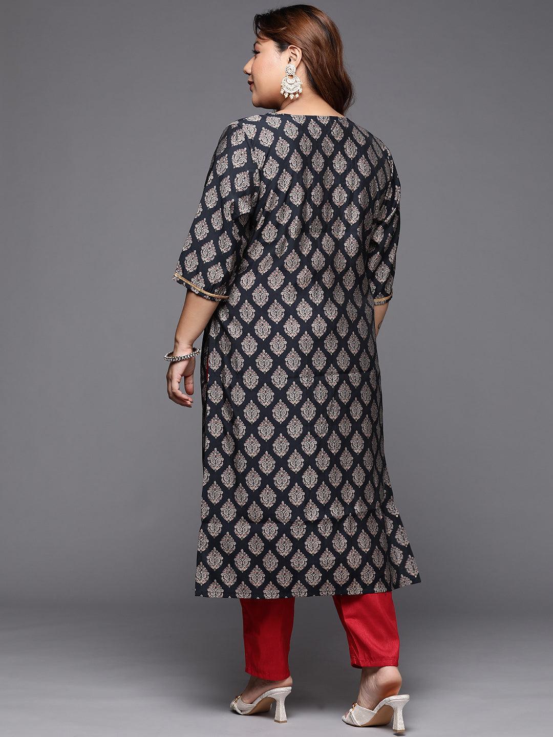 Plus Size Navy Blue Printed Silk Straight Kurta - ShopLibas