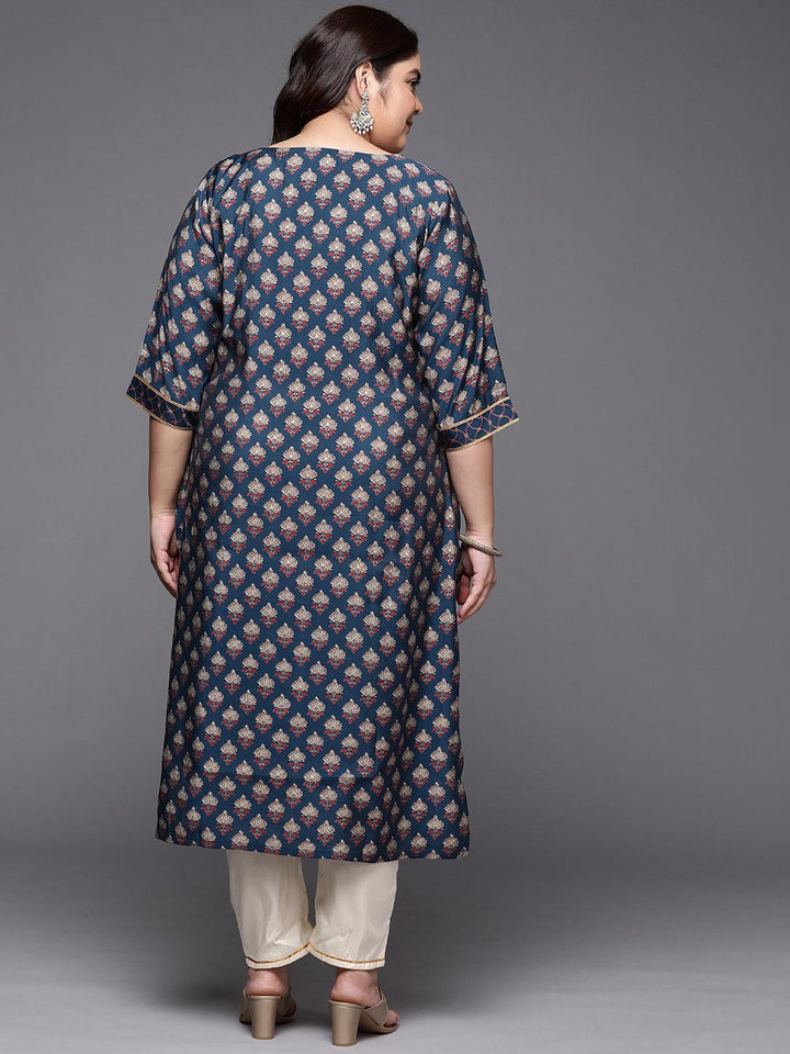 Plus Size Navy Blue Printed Silk Straight Kurta