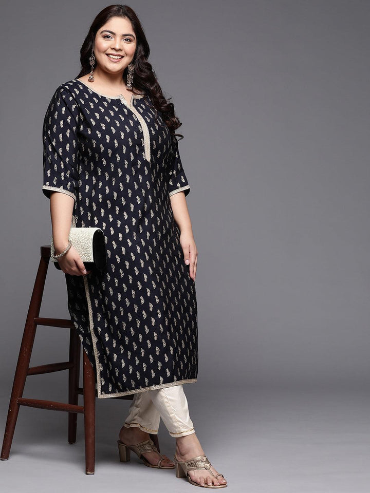 Plus Size Navy Blue Printed Silk Straight Kurta