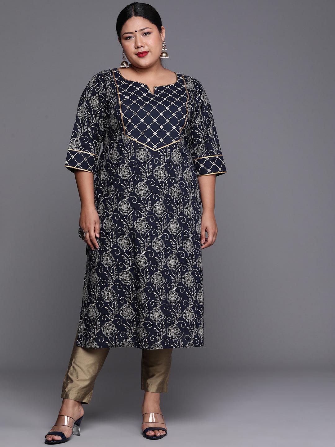 Plus Size Navy Blue Yoke Design Cotton Kurta - ShopLibas