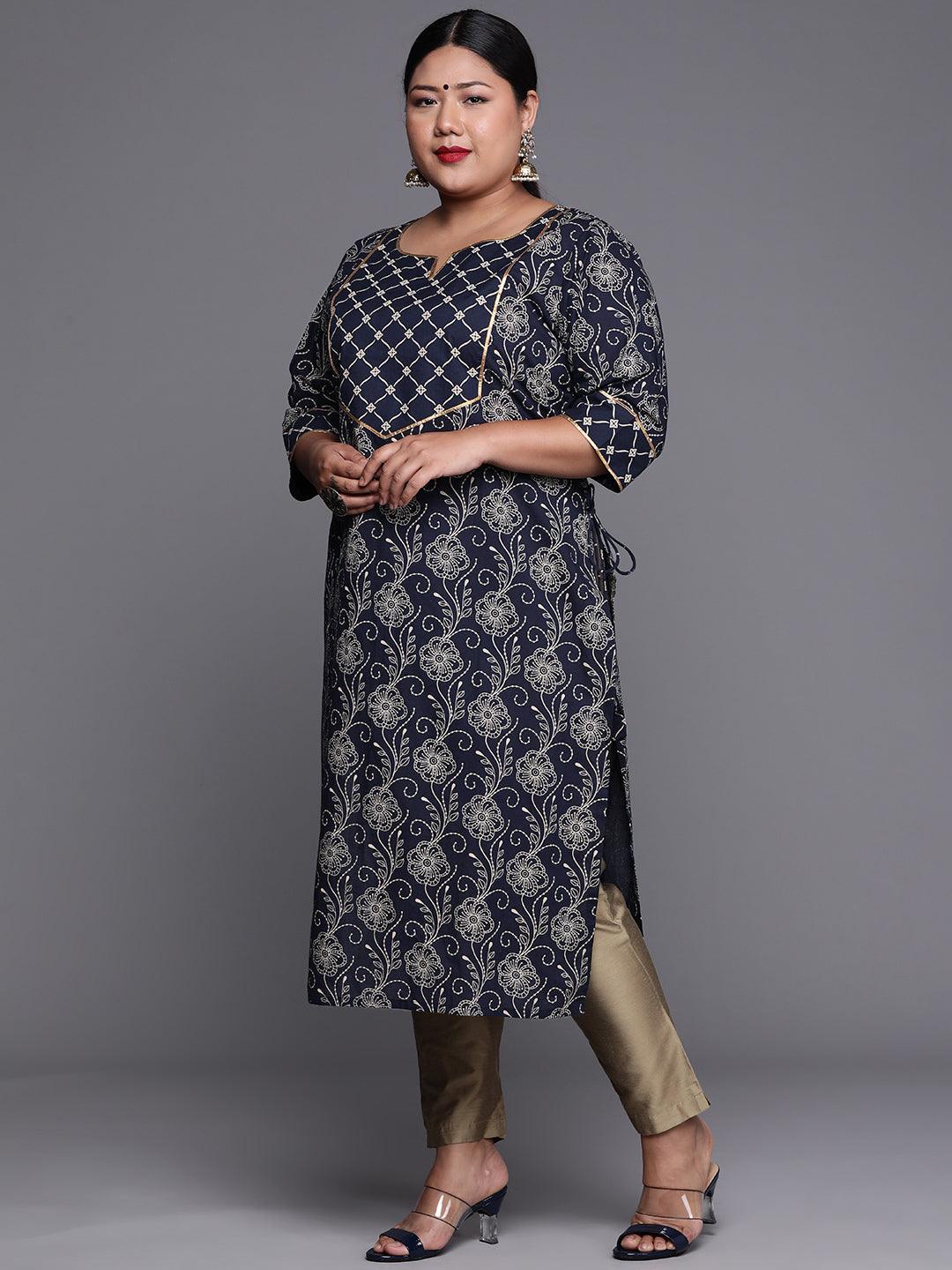 Plus Size Navy Blue Yoke Design Cotton Kurta - ShopLibas