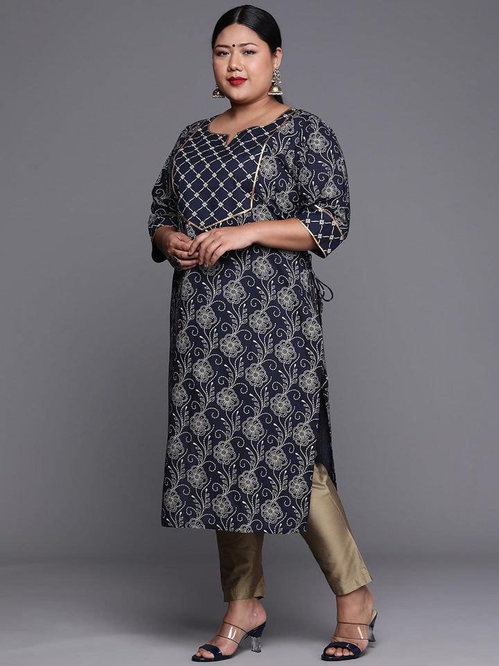 Plus Size Navy Blue Yoke Design Cotton Kurta