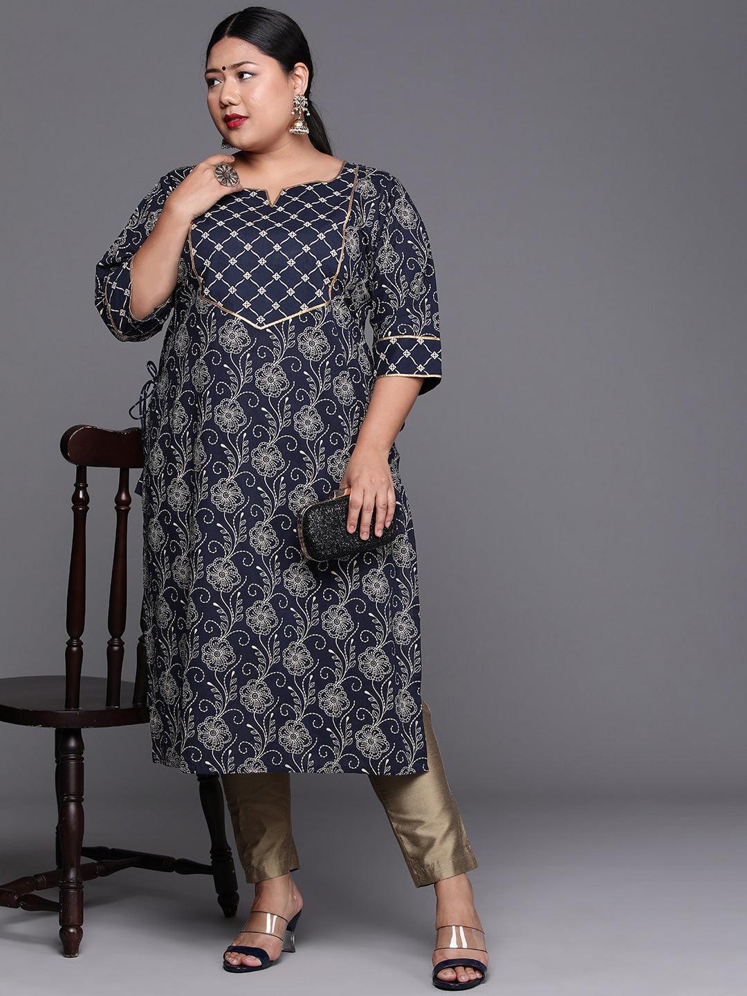 Plus Size Navy Blue Yoke Design Cotton Kurta - ShopLibas