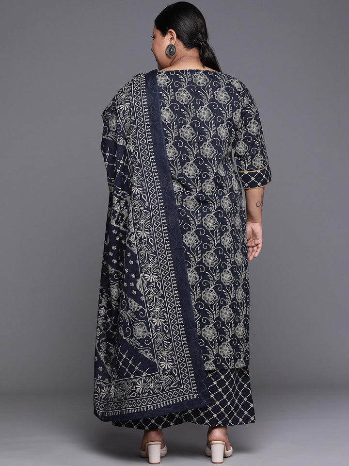 Plus Size Navy Blue Yoke Design Cotton Suit Set