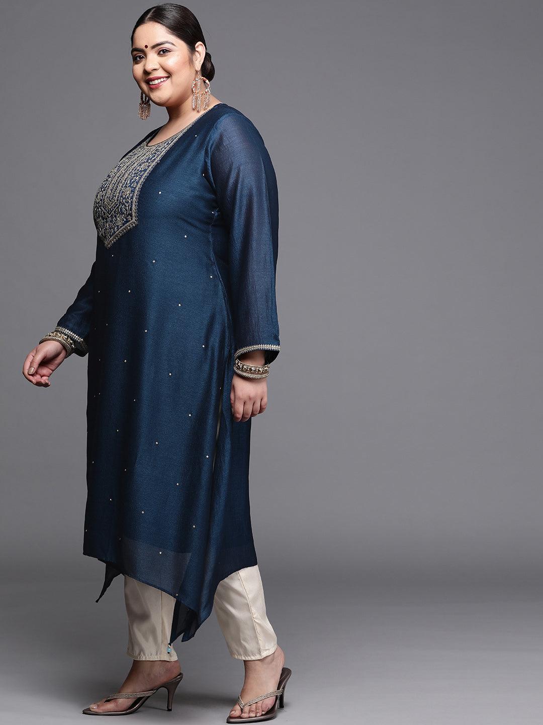Plus Size Navy Blue Yoke Design Silk Kurta - ShopLibas