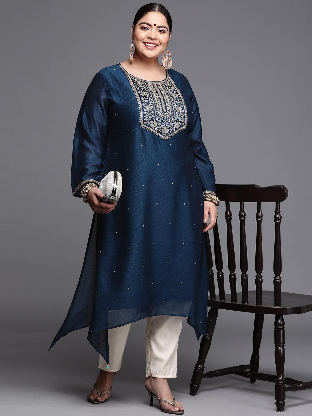Plus Size Navy Blue Yoke Design Silk Kurta - ShopLibas