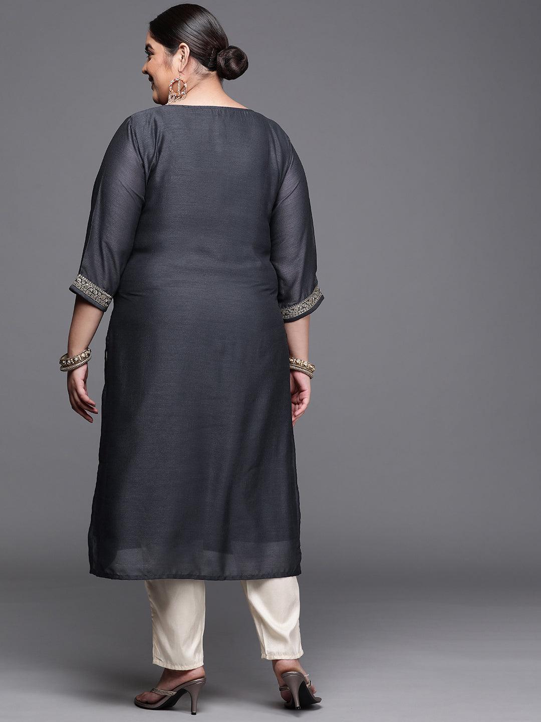 Plus Size Navy Blue Yoke Design Silk Kurta - ShopLibas