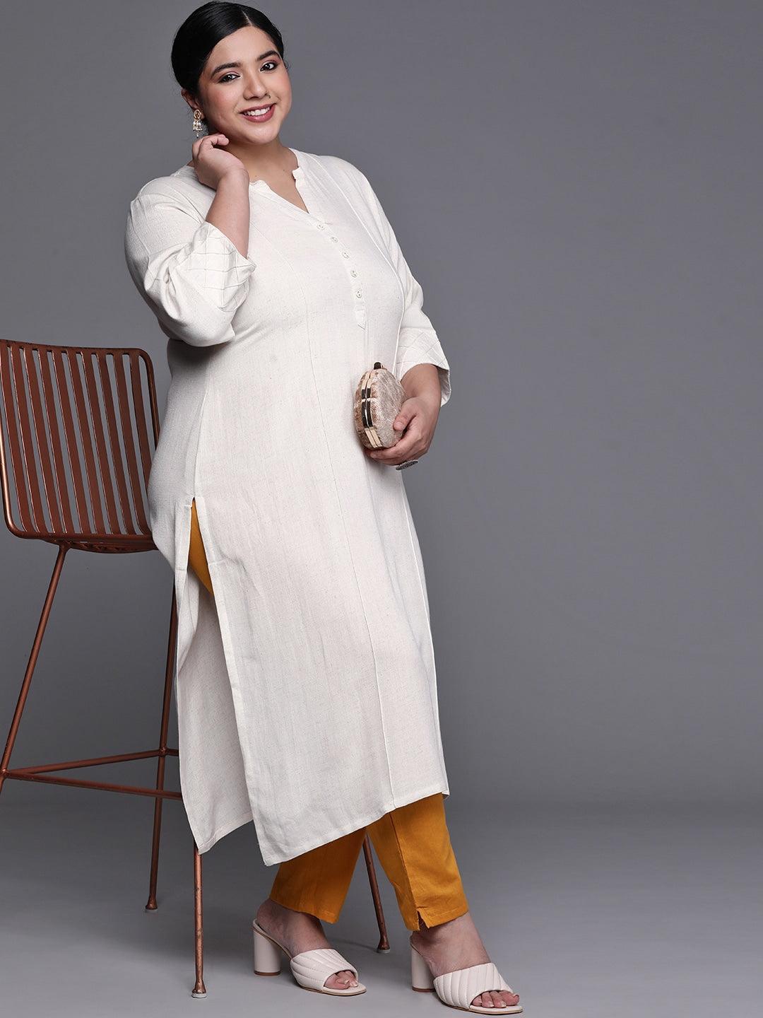 Plus Size Off White Solid Cotton Kurta - ShopLibas