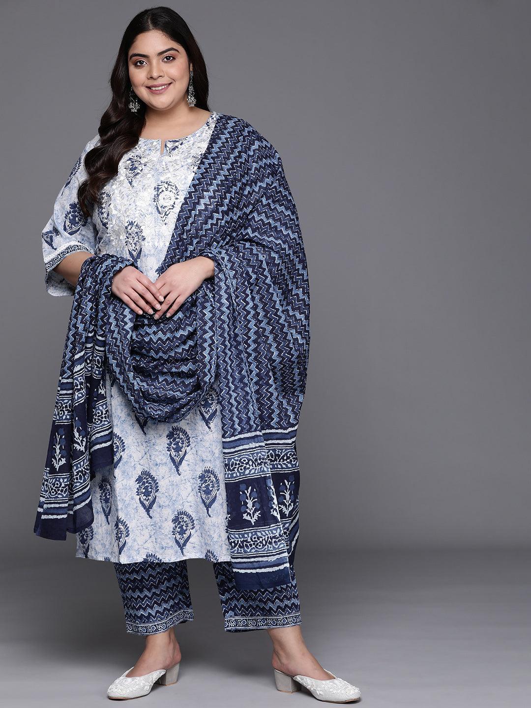Plus Size White Yoke Design Cotton Suit Set - ShopLibas