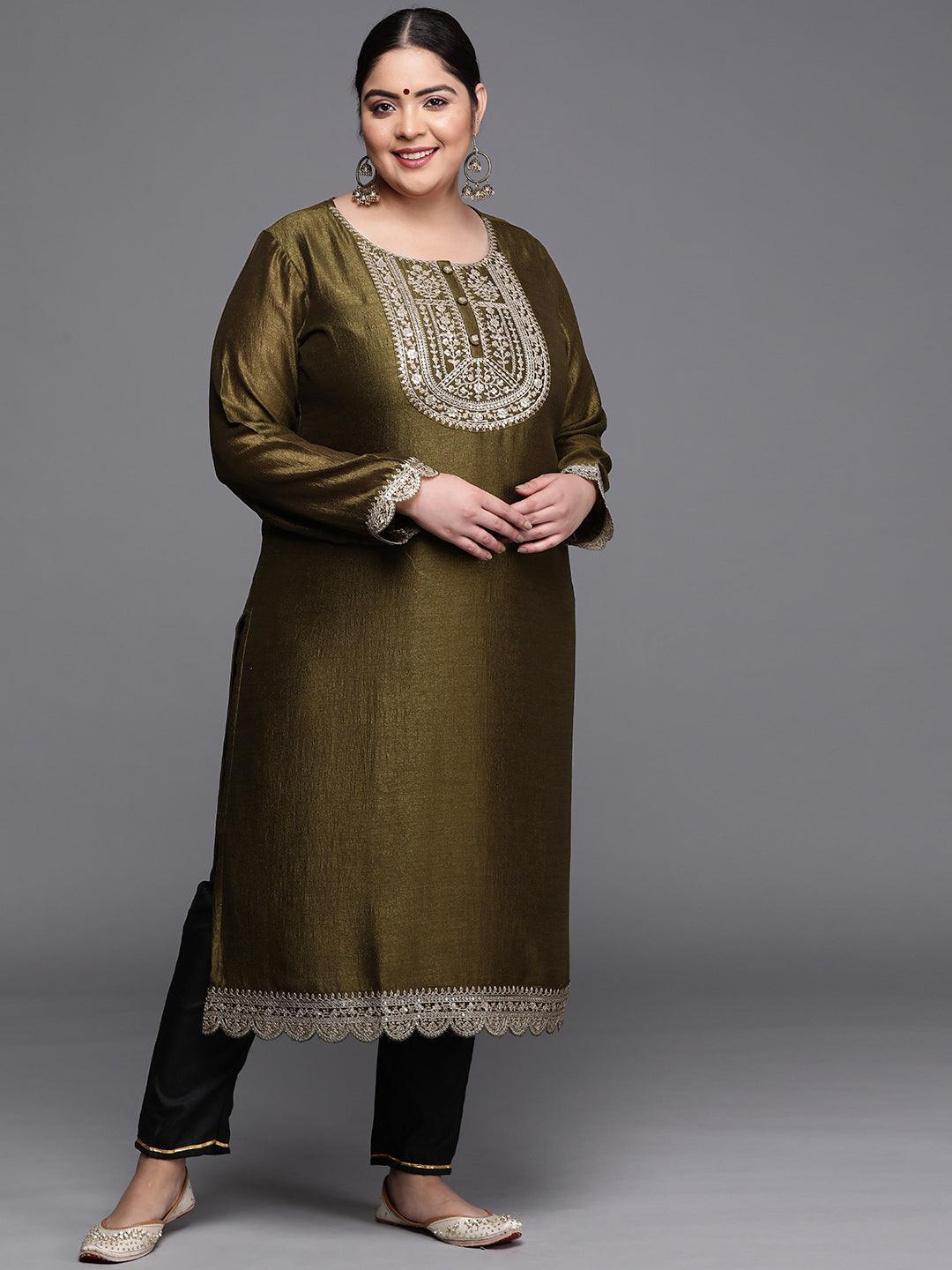 Plus Size Olive Yoke Design Silk Kurta - ShopLibas