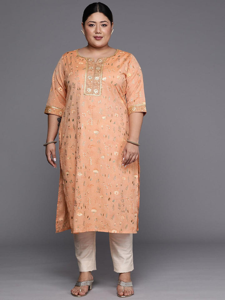 Plus Size Orange Printed Cotton Silk Straight Kurta