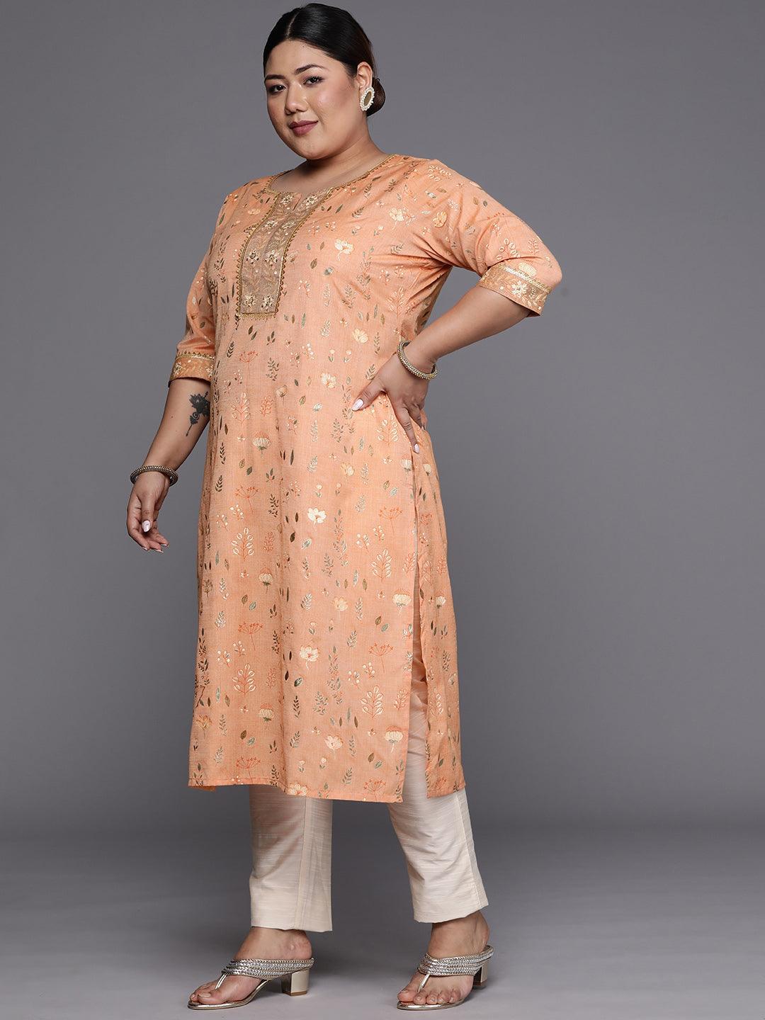 Plus Size Orange Printed Cotton Silk Straight Kurta - ShopLibas