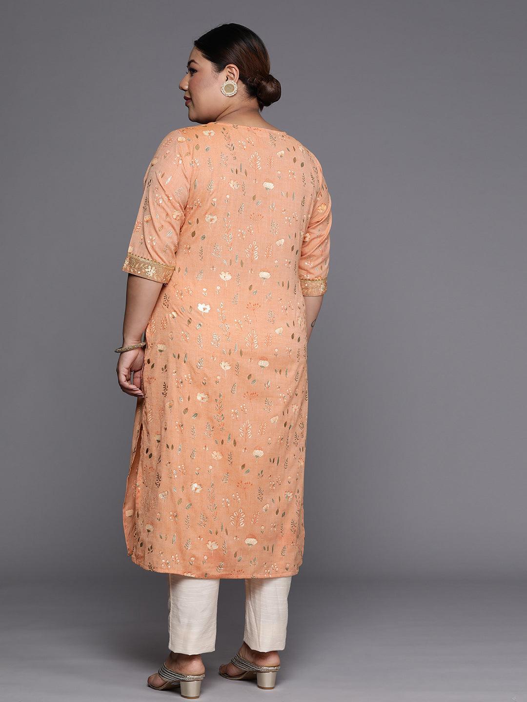 Plus Size Orange Printed Cotton Silk Straight Kurta - ShopLibas