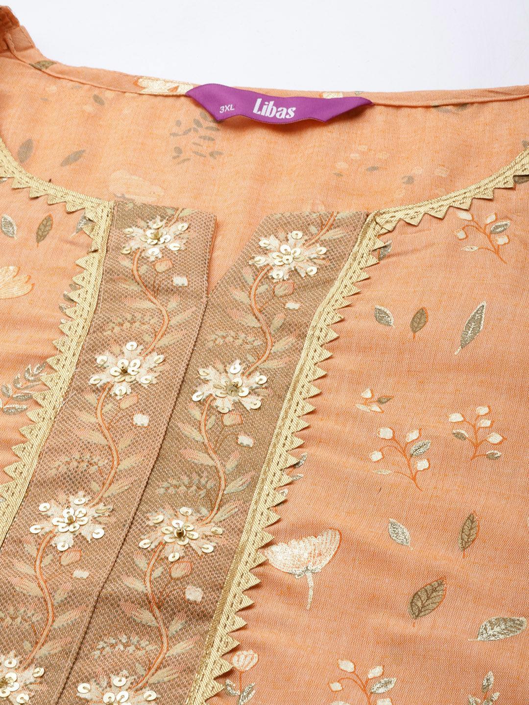 Plus Size Orange Printed Cotton Silk Straight Kurta - ShopLibas