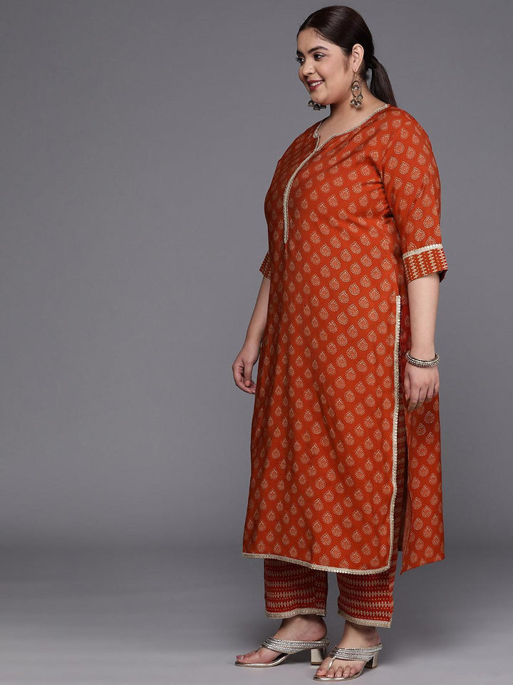Plus Size Orange Printed Silk Blend Straight Suit Set