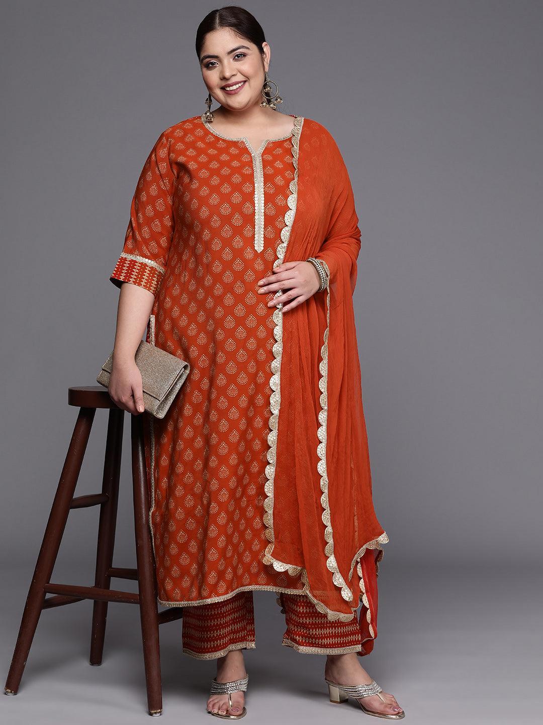 Plus Size Orange Printed Silk Blend Straight Suit Set - ShopLibas
