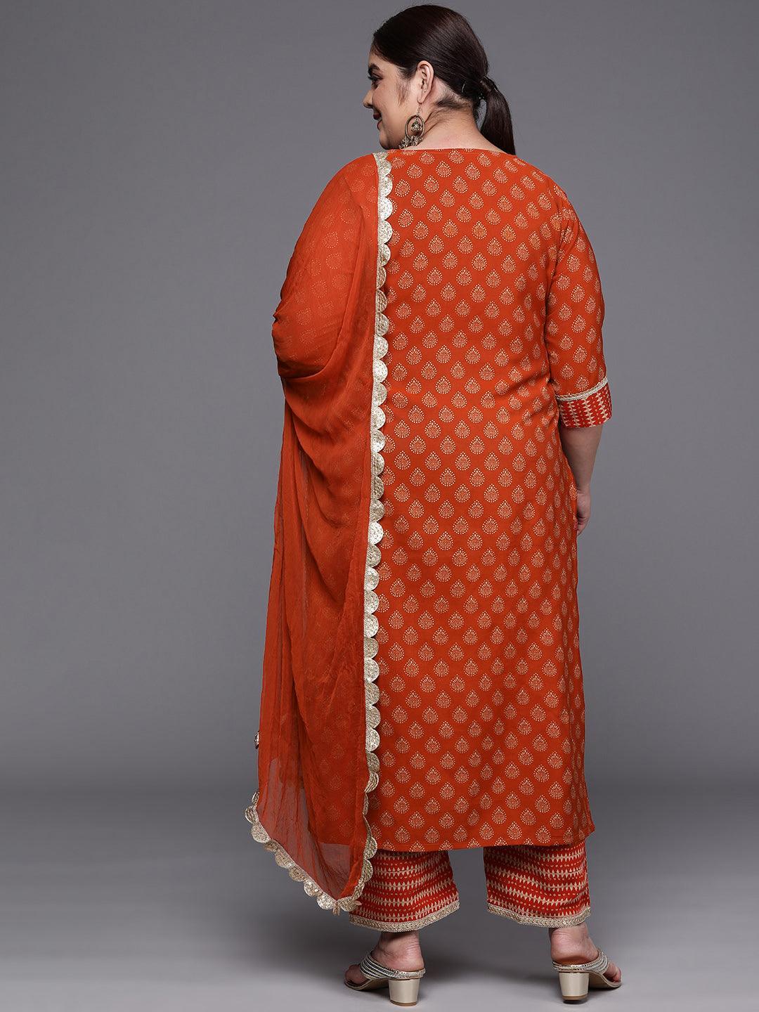 Plus Size Orange Printed Silk Blend Straight Suit Set - ShopLibas
