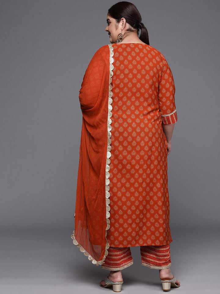 Plus Size Orange Printed Silk Blend Straight Suit Set