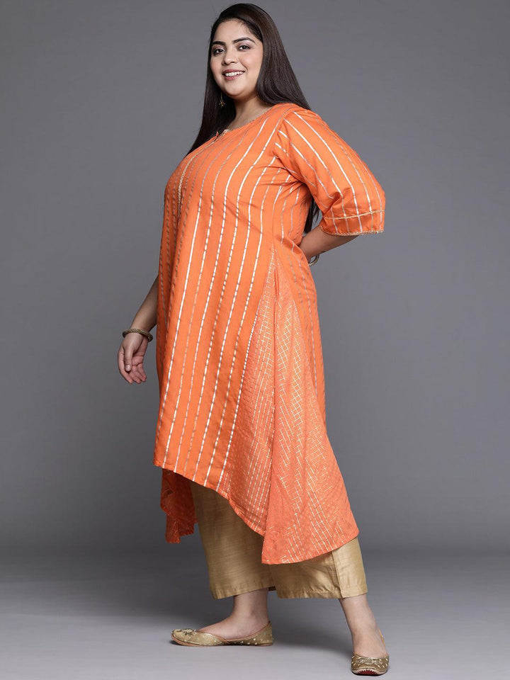 Plus Size Orange Self Design Chanderi Silk A-Line Kurta