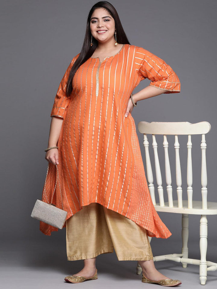 Plus Size Orange Self Design Chanderi Silk A-Line Kurta