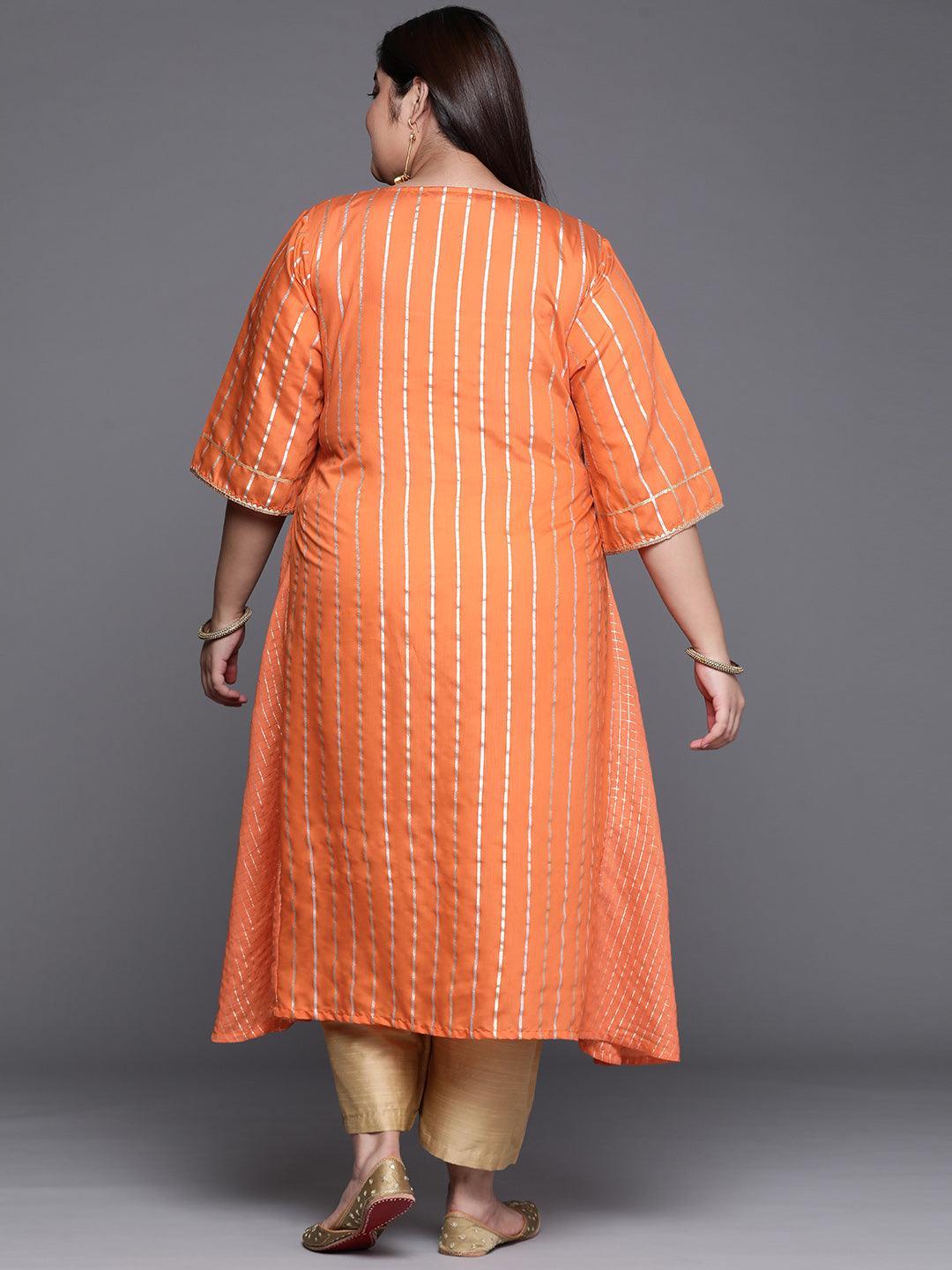 Plus Size Orange Self Design Chanderi Silk A-Line Kurta - ShopLibas