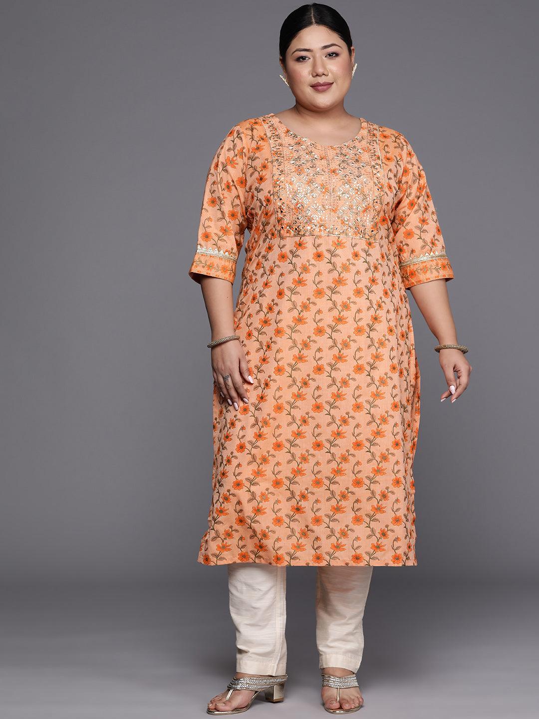 Plus Size Orange Yoke Design Cotton Silk Straight Kurta - ShopLibas