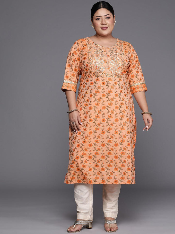 Plus Size Orange Yoke Design Cotton Silk Straight Kurta