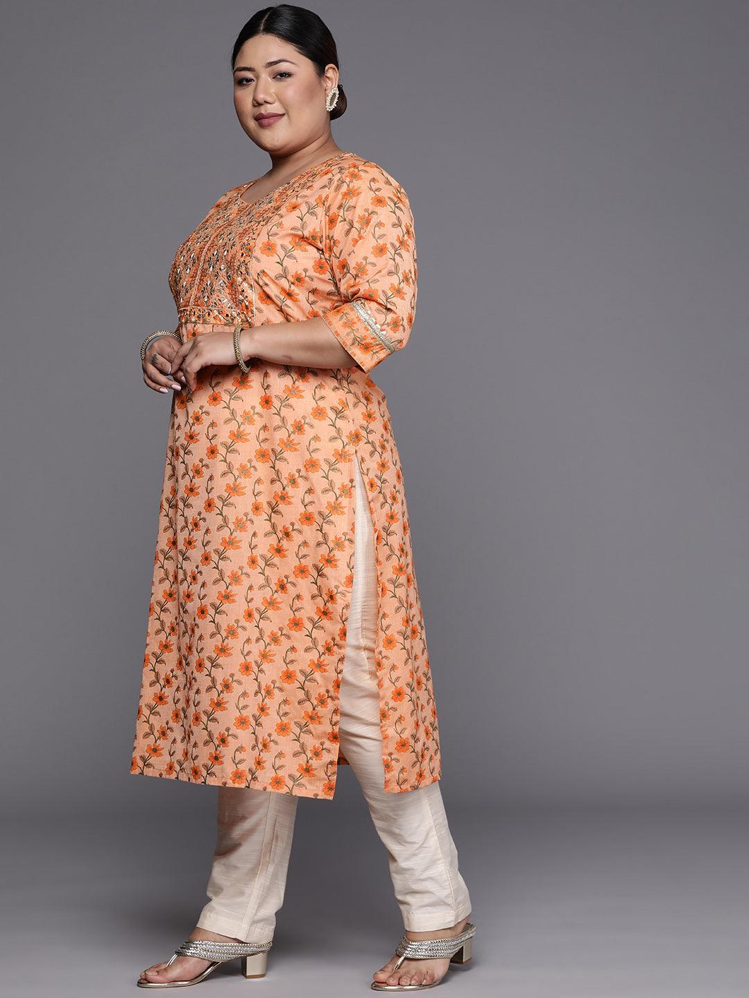 Plus Size Orange Yoke Design Cotton Silk Straight Kurta - ShopLibas