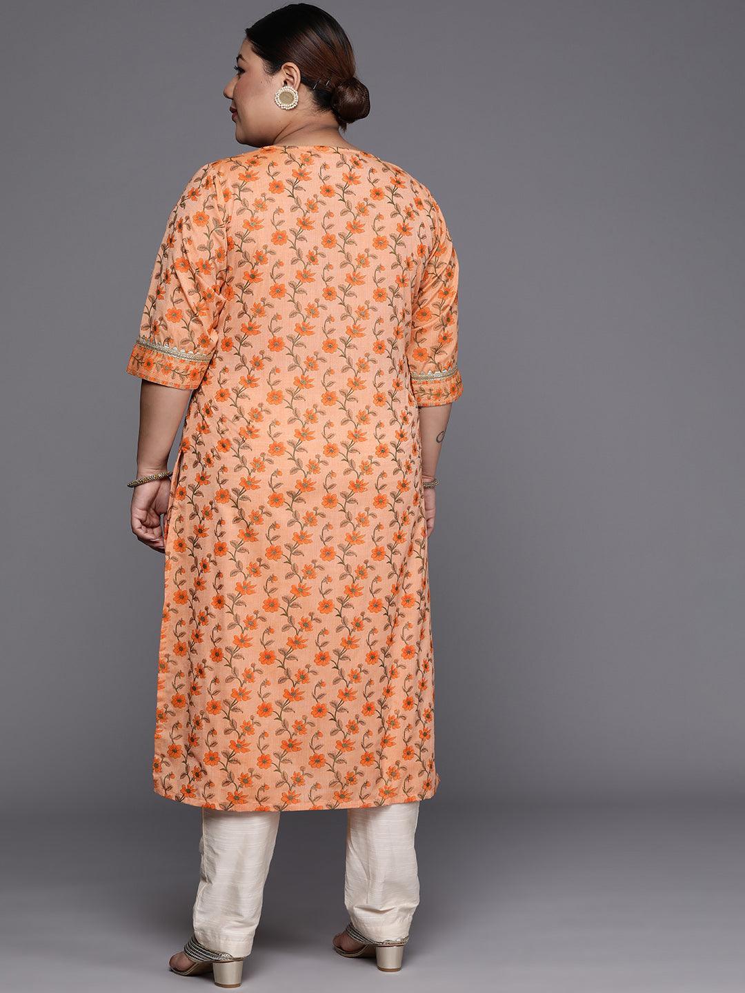 Plus Size Orange Yoke Design Cotton Silk Straight Kurta - ShopLibas