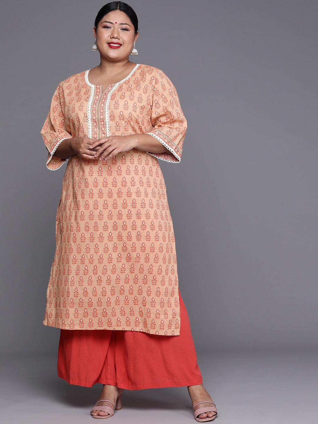 Plus Size Peach Printed Cotton Kurta - ShopLibas