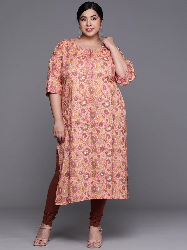 Plus Size Peach Printed Cotton Kurta
