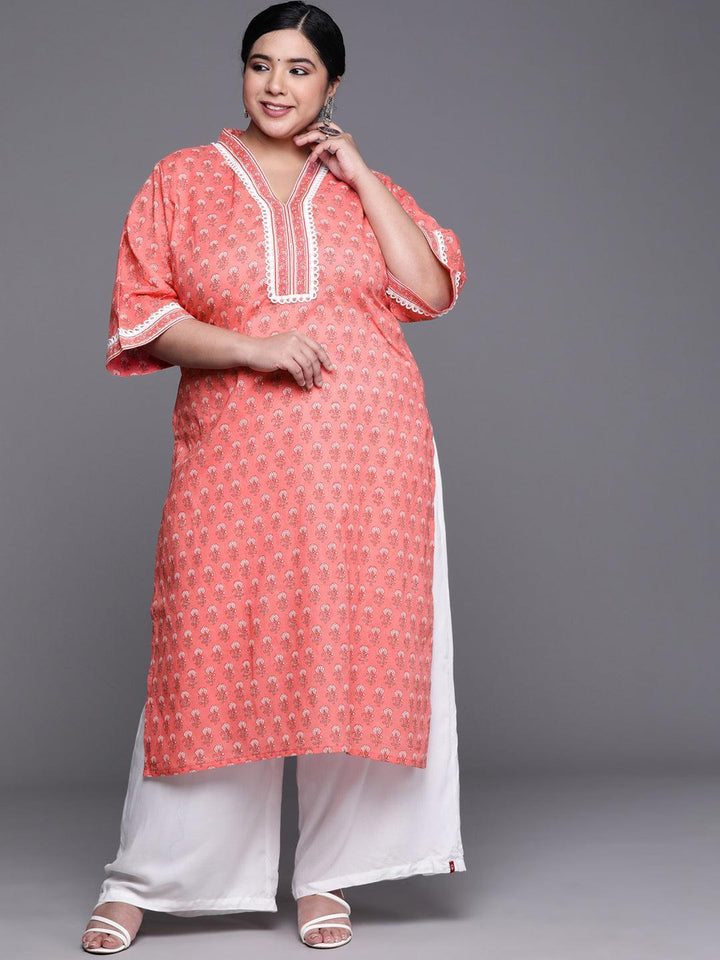 Plus Size Peach Printed Cotton Kurta