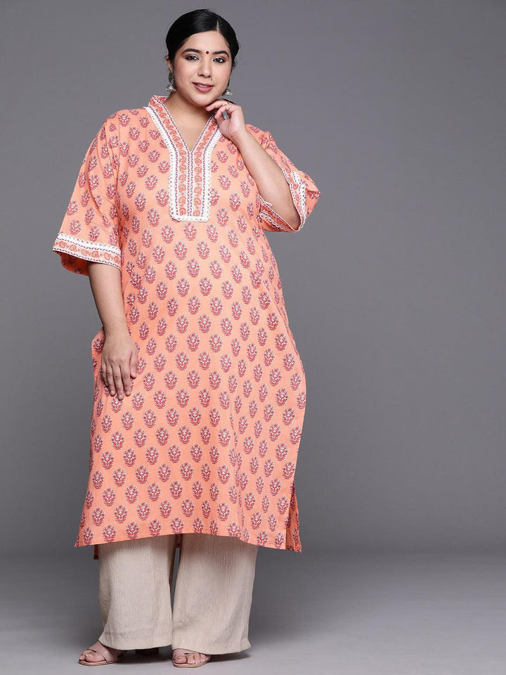 Plus Size Peach Printed Cotton Kurta